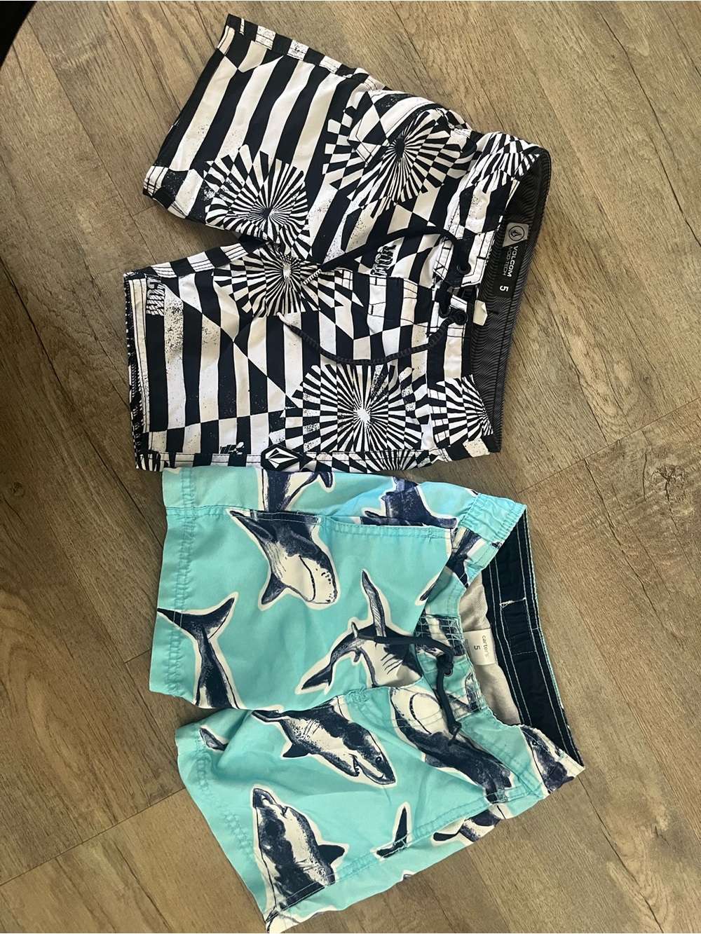Two Boys' Swim Shorts - Black/White Geometric & Aqua Shark Print